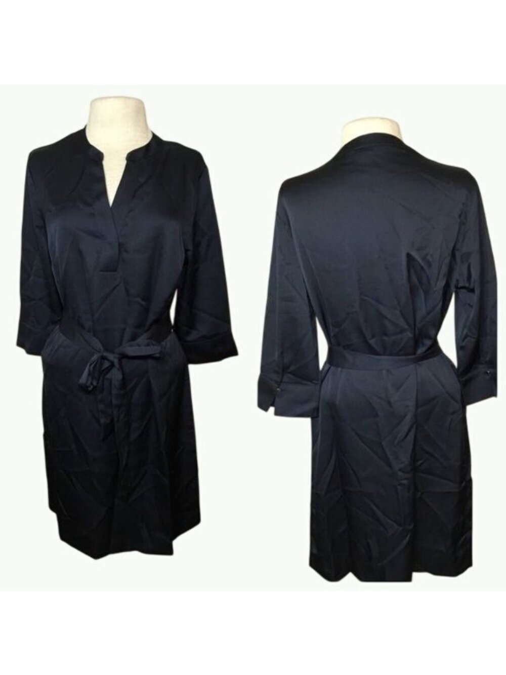 H&M Navy Blue Belted Tunic Dress With 3/4 Sleeves Lightweight Fabric Size Large